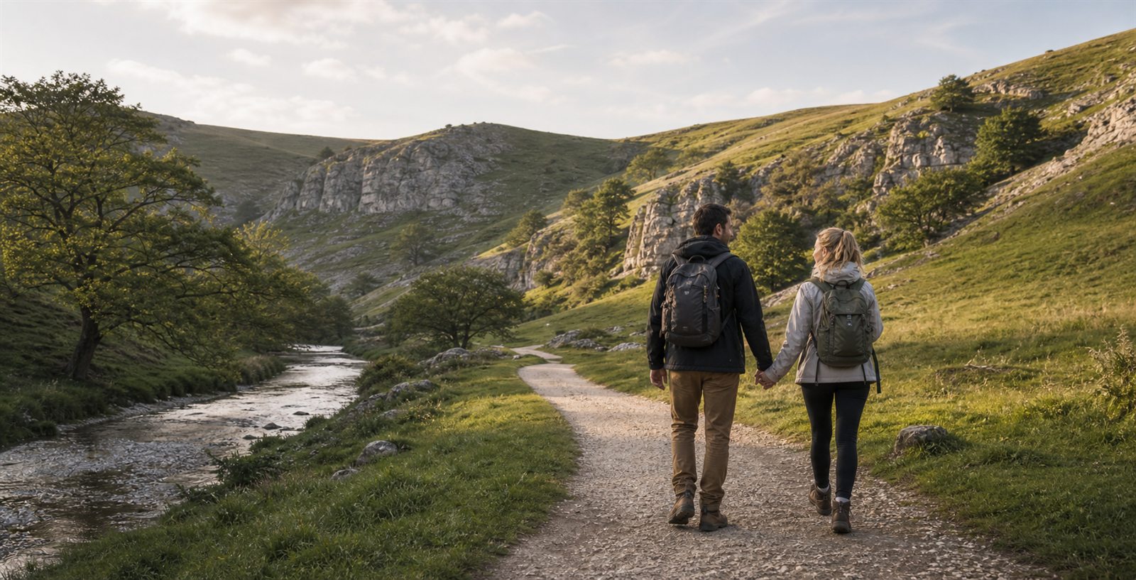 Guests walking through a limestone valley in the White Peak