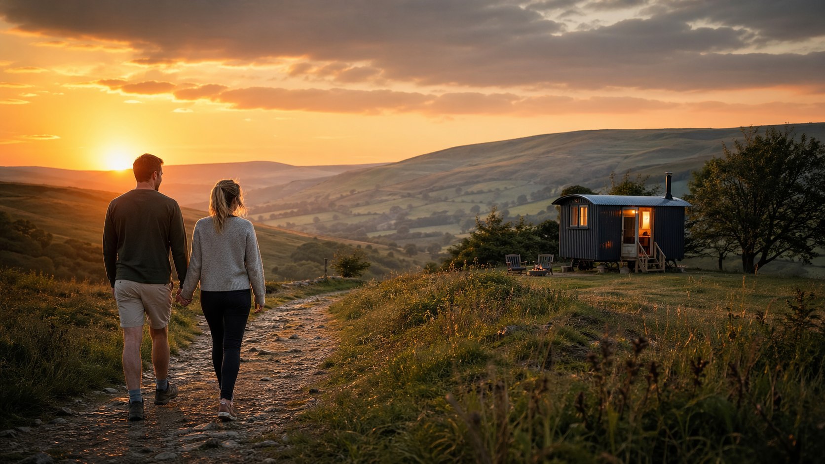 Couple walking at sunset near the Peak District